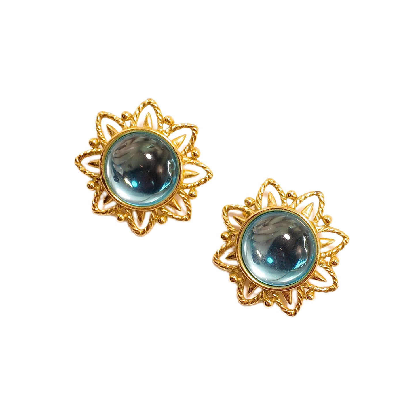 Vintage French 70s Sunflower shaped Ear Clip Trifari Label Blue Glass Palace Vintage Style
