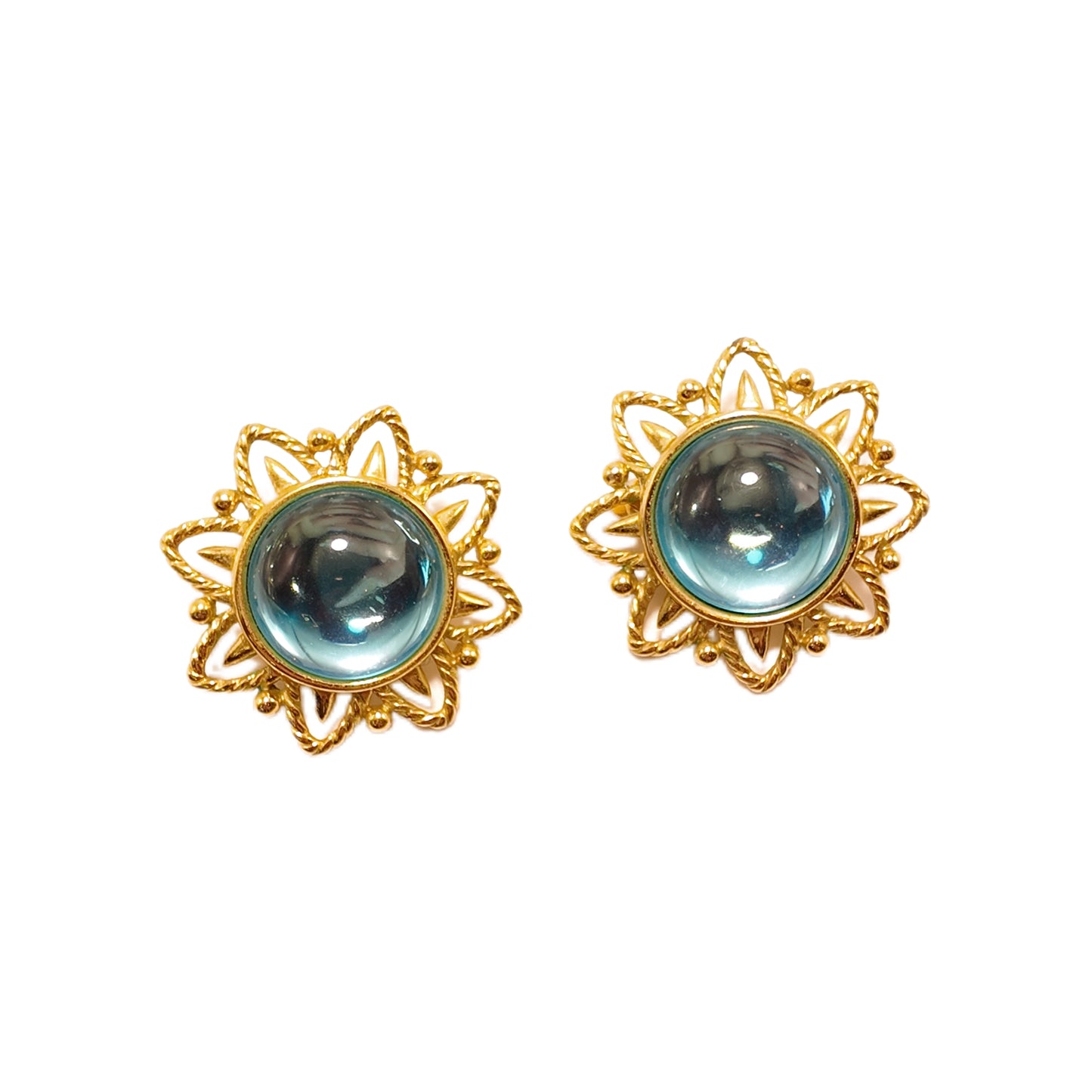 Vintage French 70s Sunflower shaped Ear Clip Trifari Label Blue Glass Palace Vintage Style