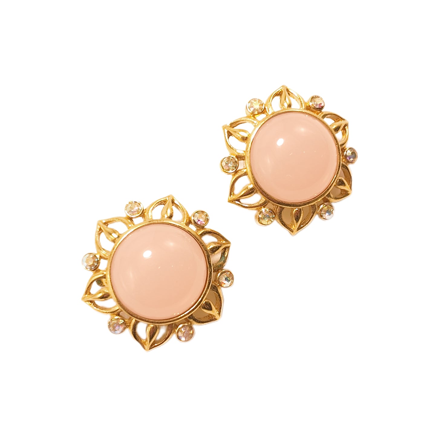 Vintage France 70s Sunflower shaped Rhinestone with Diamond Earclip Trifari Label Pink Glass Palace Vintage Style
