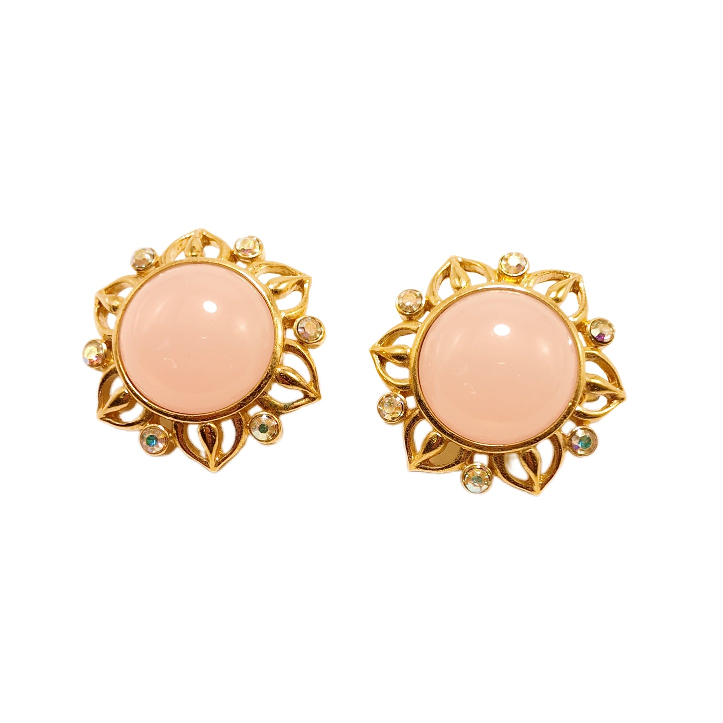 Vintage France 70s Sunflower shaped Rhinestone with Diamond Earclip Trifari Label Pink Glass Palace Vintage Style