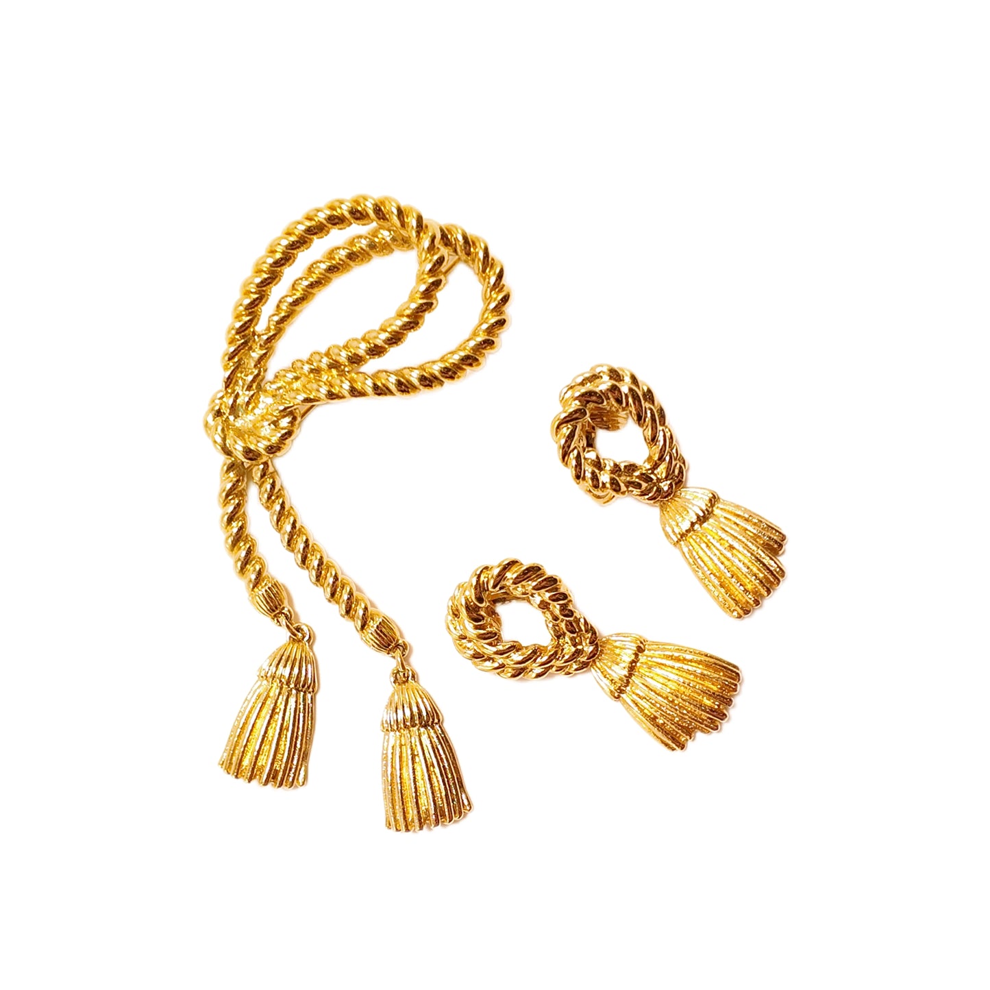 Vintage 90s American knot tassel gold-plated brooch ear clip set court retro style