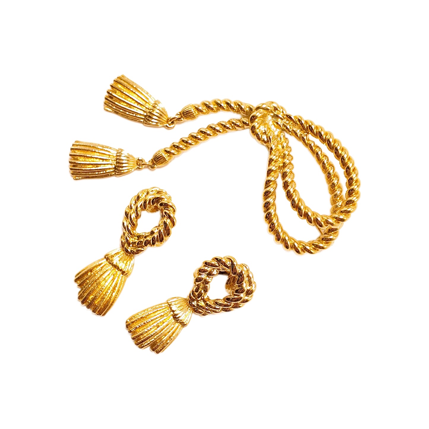 Vintage 90s American knot tassel gold-plated brooch ear clip set court retro style