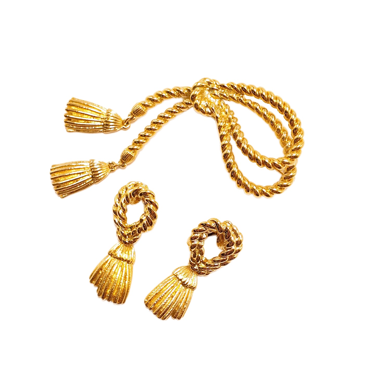 Vintage 90s American knot tassel gold-plated brooch ear clip set court retro style