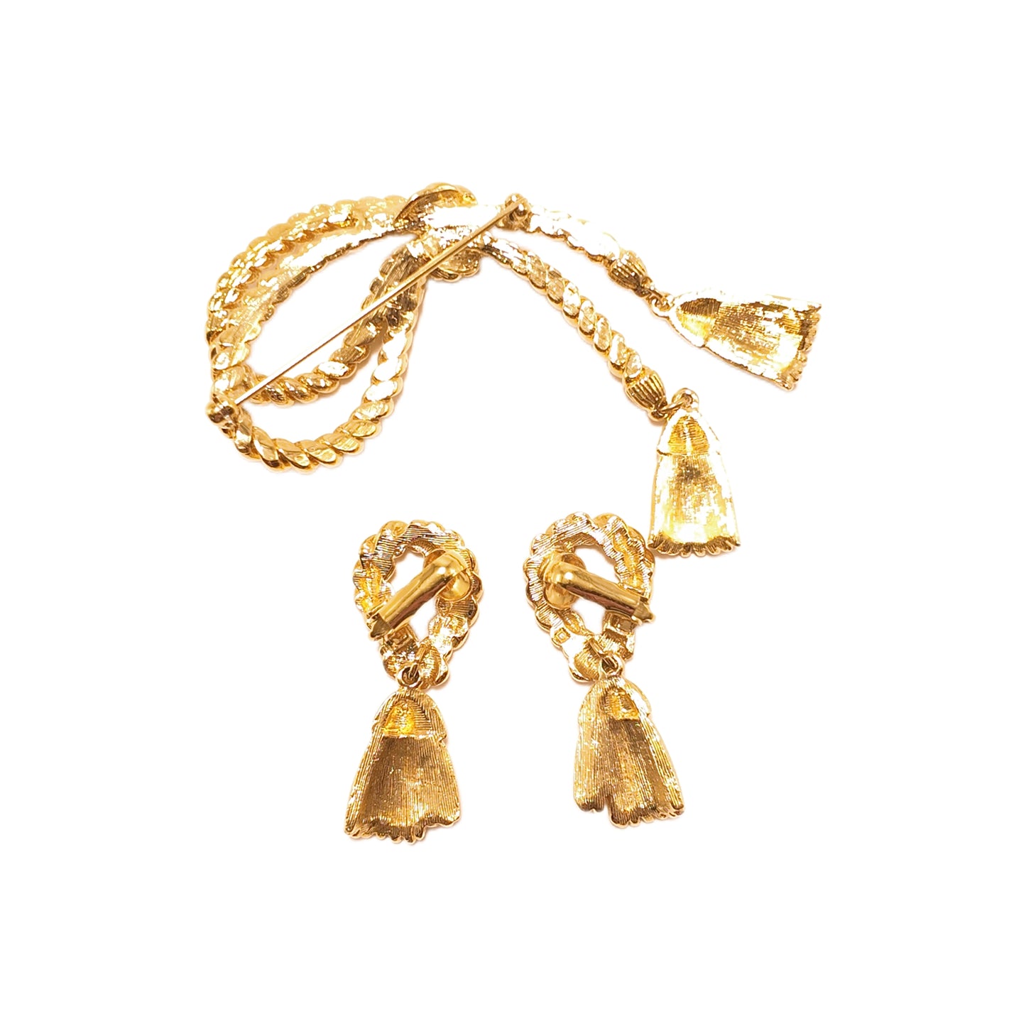 Vintage 90s American knot tassel gold-plated brooch ear clip set court retro style