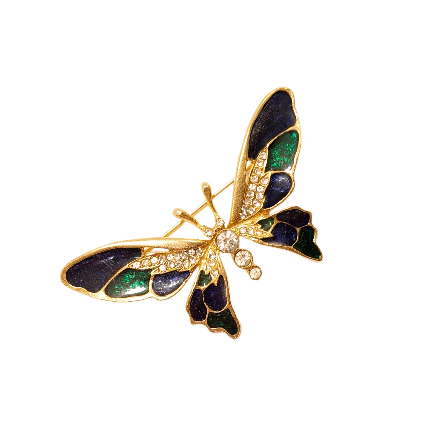 Vintage French 60s butterfly enamel brooch with blue and green patchwork and diamond inlay featuring a vintage court style