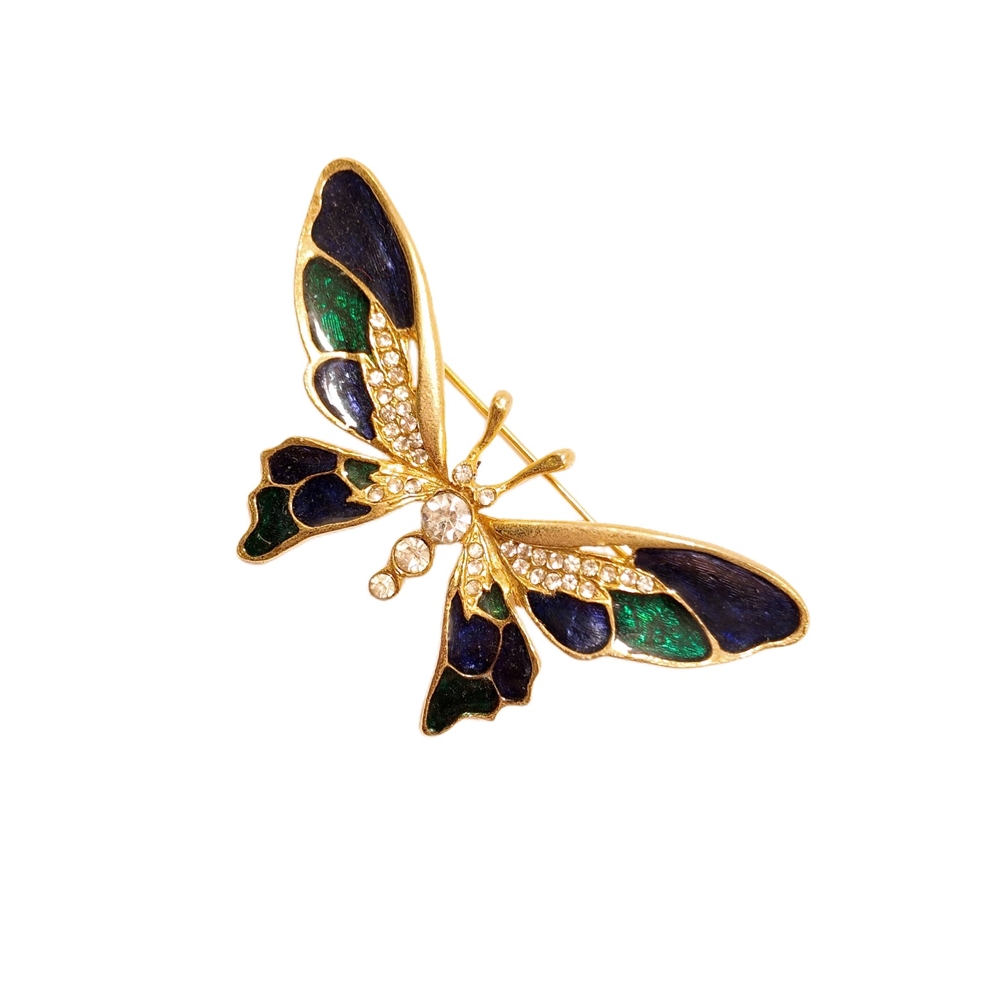 Vintage French 60s butterfly enamel brooch with blue and green patchwork and diamond inlay featuring a vintage court style