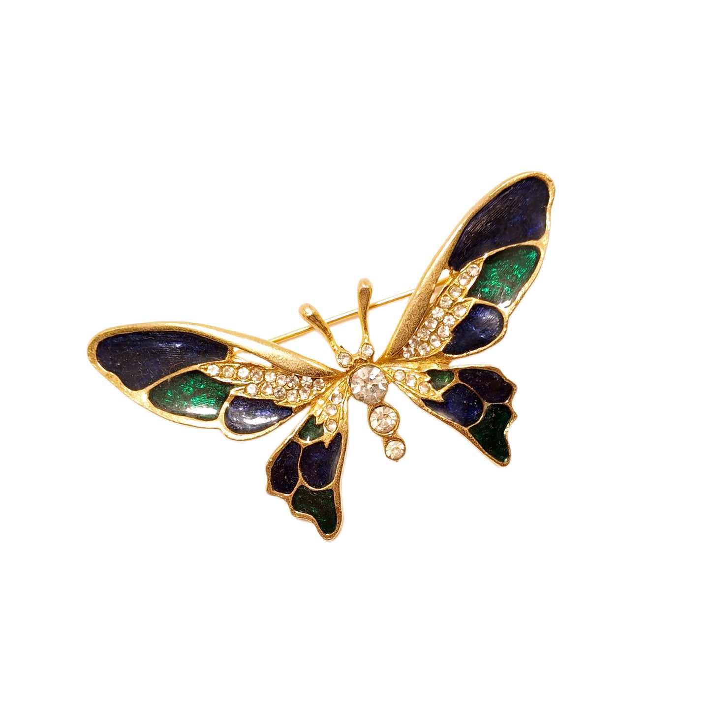 Vintage French 60s butterfly enamel brooch with blue and green patchwork and diamond inlay featuring a vintage court style