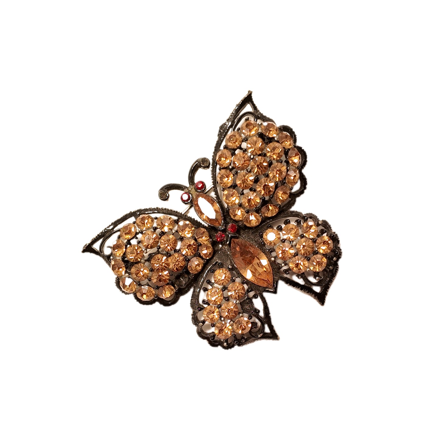 Vintage French 70s butterfly rhinestone orange red diamond studded brooch failed design court retro style