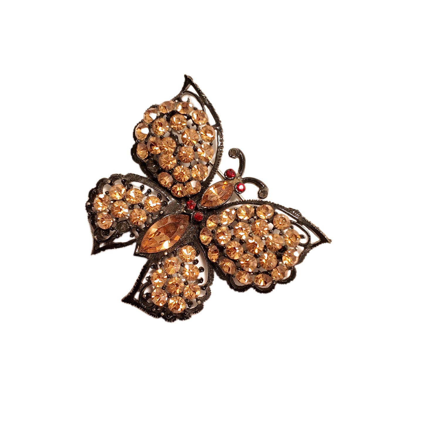 Vintage French 70s butterfly rhinestone orange red diamond studded brooch failed design court retro style