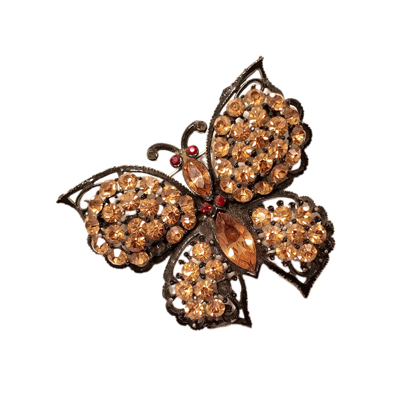 Vintage French 70s butterfly rhinestone orange red diamond studded brooch failed design court retro style