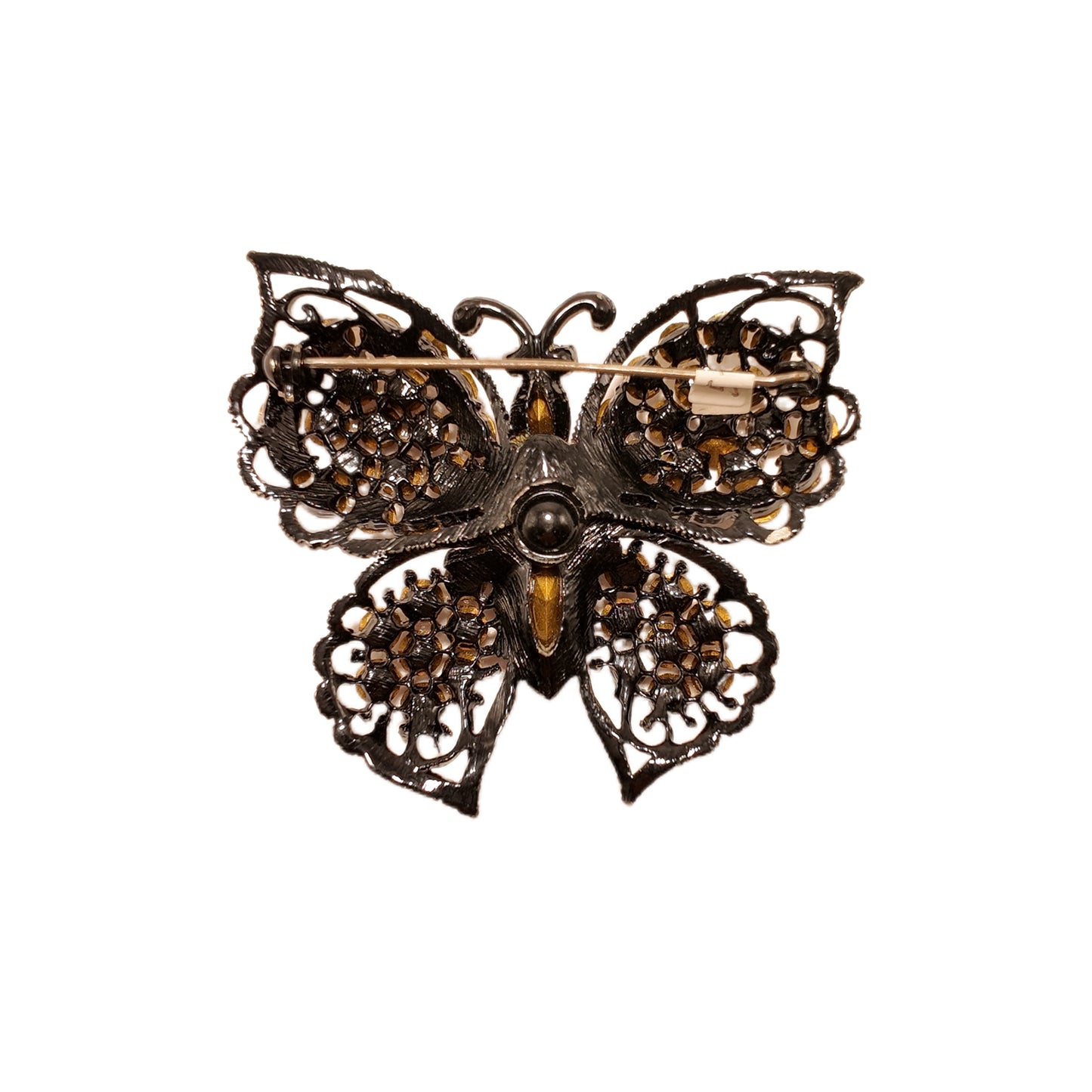 Vintage French 70s butterfly rhinestone orange red diamond studded brooch failed design court retro style