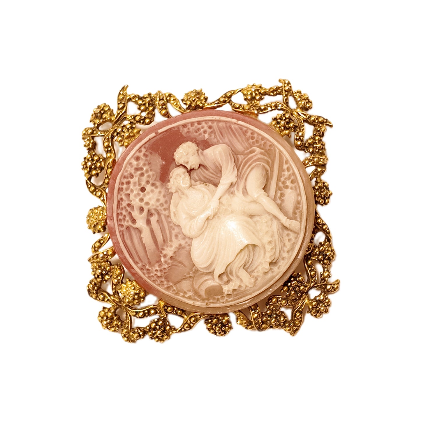 Vintage Italian 1950s Camelot figure relief brooch falls through lace design court retro style