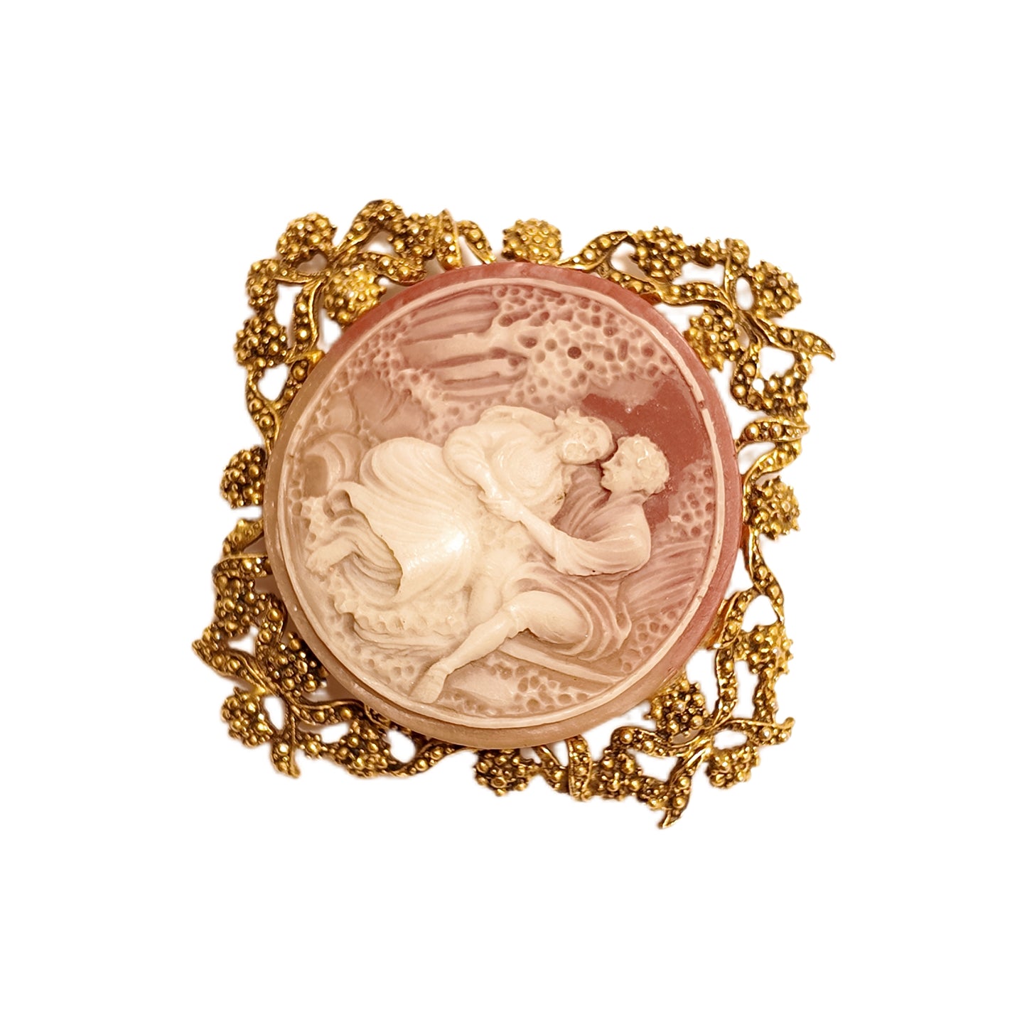 Vintage Italian 1950s Camelot figure relief brooch falls through lace design court retro style