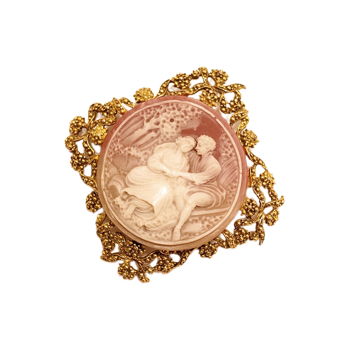 Vintage Italian 1950s Camelot figure relief brooch falls through lace design court retro style