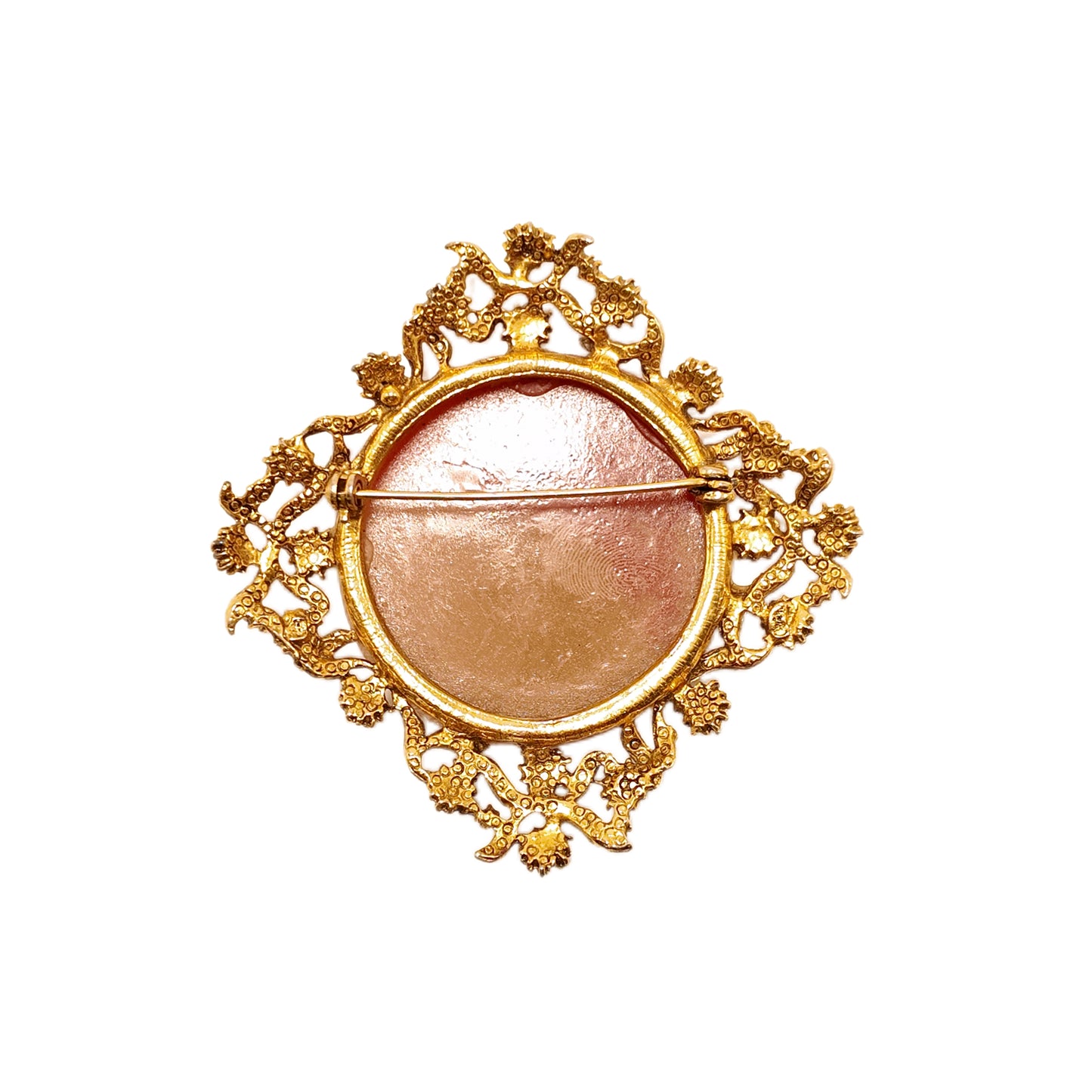 Vintage Italian 1950s Camelot figure relief brooch falls through lace design court retro style