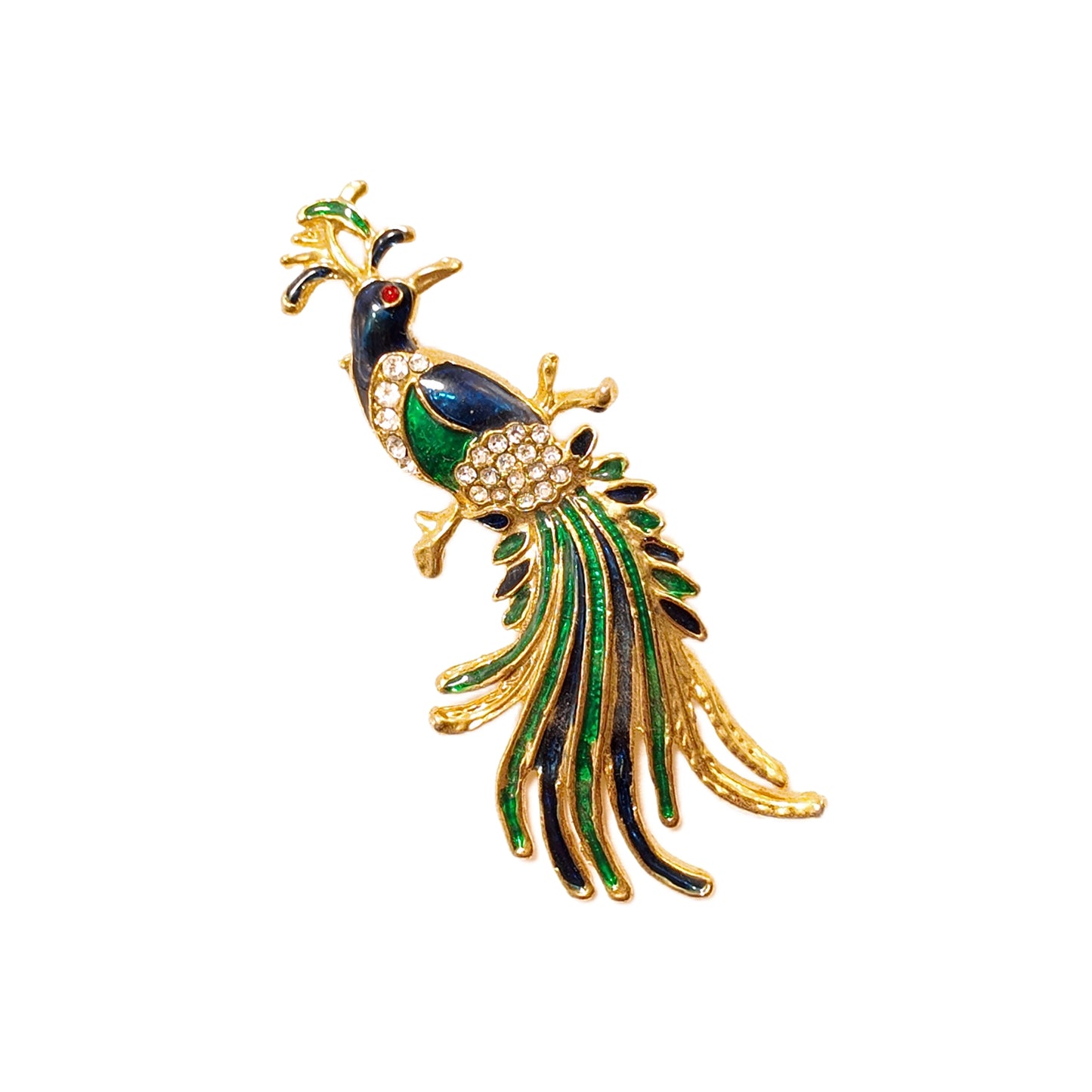 Vintage French 70s Blue Green Peacock Enamel Brooch Red White Rhinestone with Diamonds Palace Vintage Style