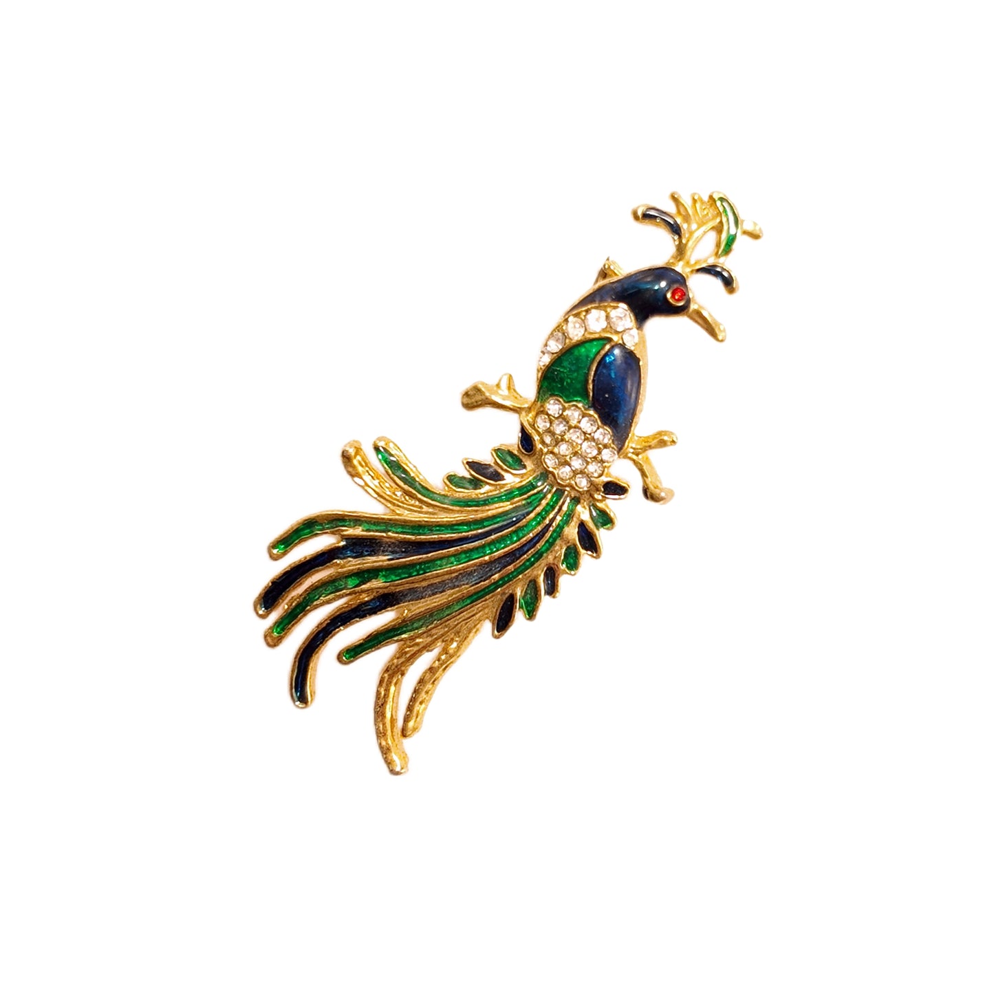 Vintage French 70s Blue Green Peacock Enamel Brooch Red White Rhinestone with Diamonds Palace Vintage Style