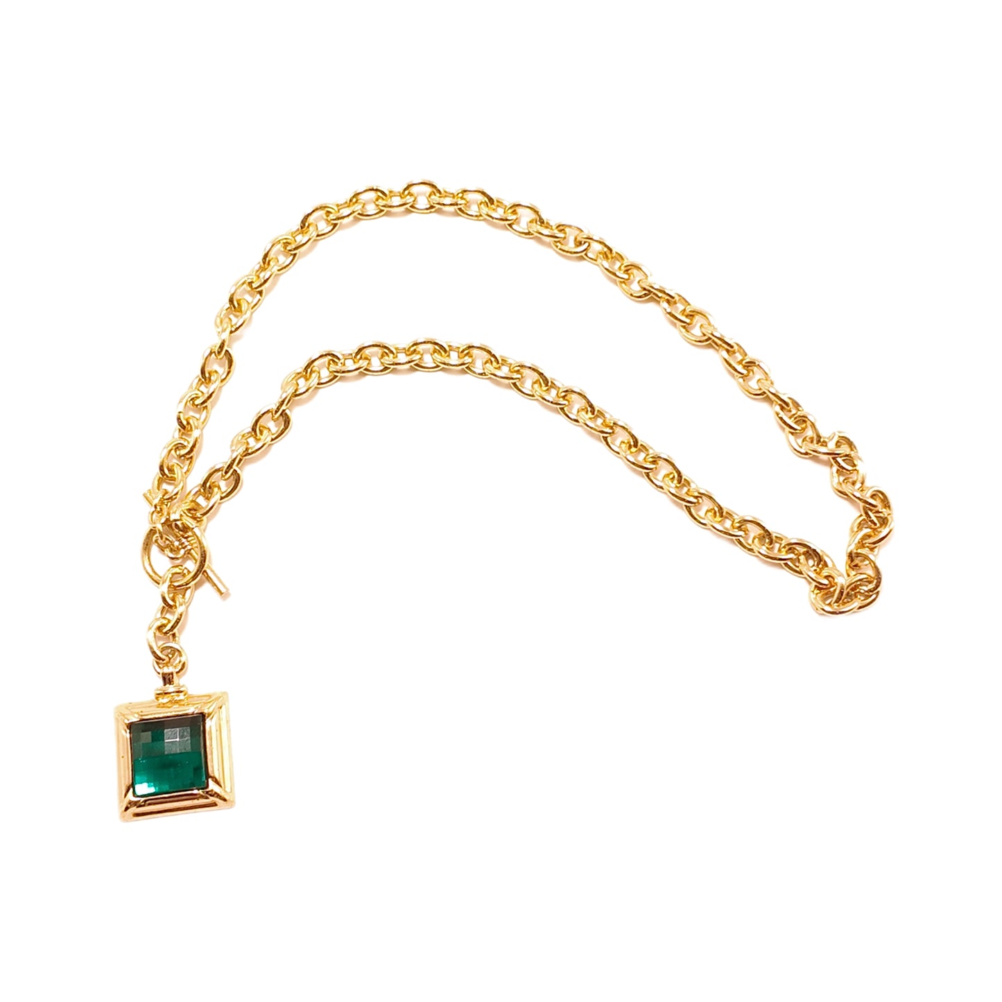 Vintage American 80s Avon necklace green Rhinestone square diamond studded plain gold buckle court retro style