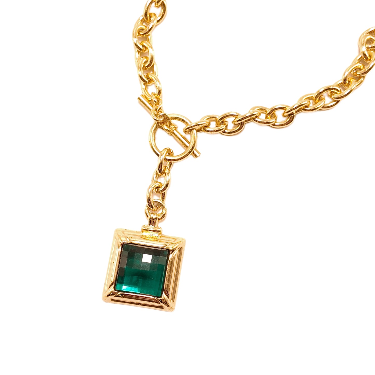 Vintage American 80s Avon necklace green Rhinestone square diamond studded plain gold buckle court retro style