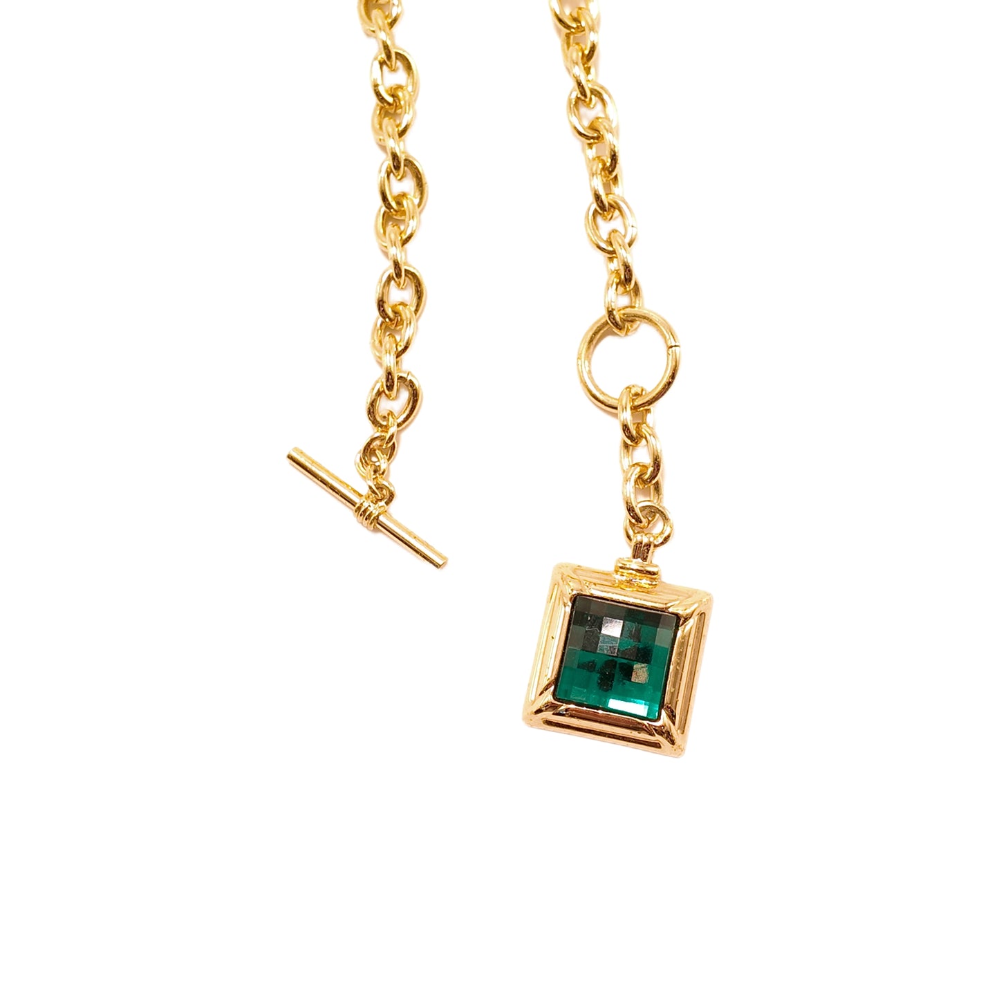 Vintage American 80s Avon necklace green Rhinestone square diamond studded plain gold buckle court retro style