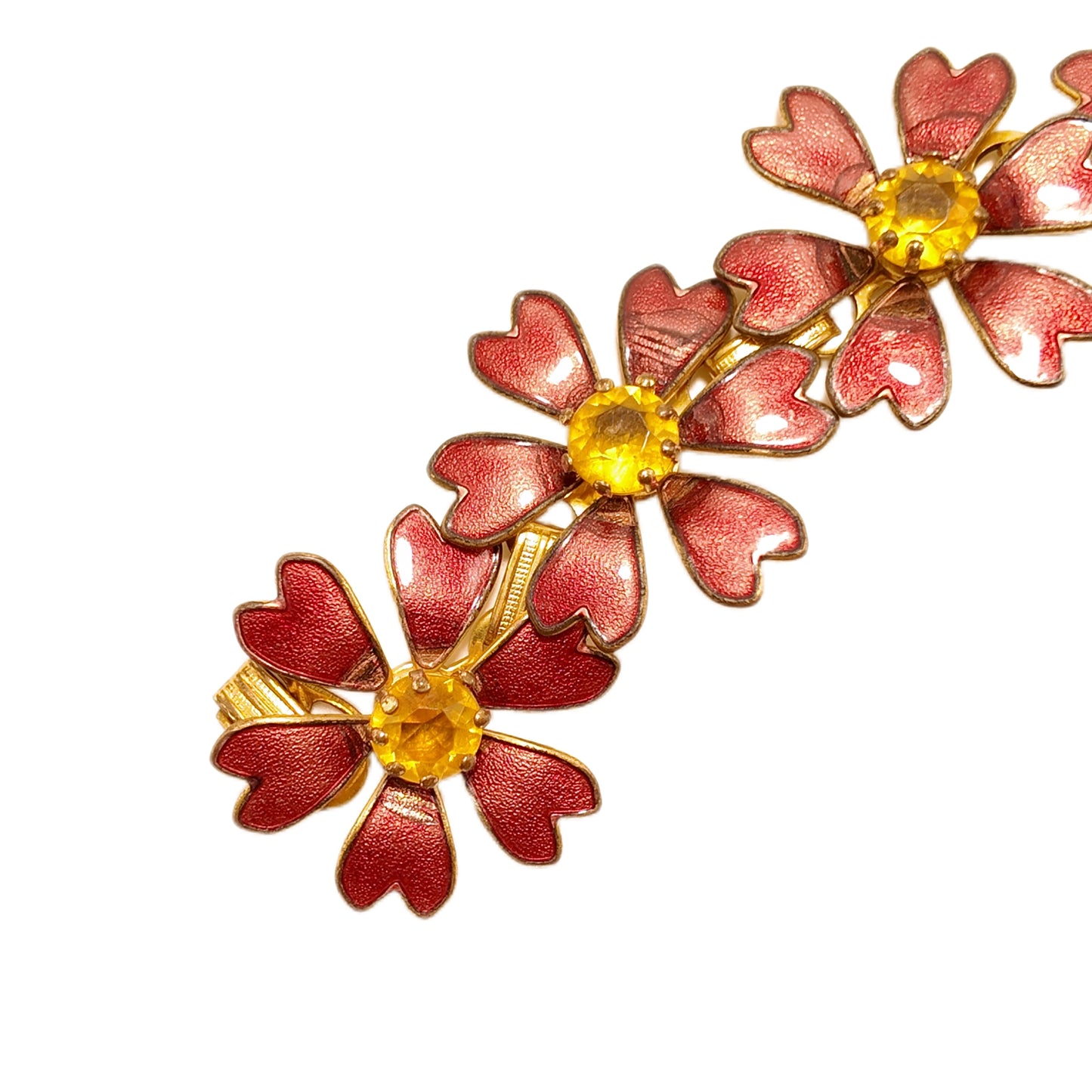 Vintage British 70s Pink Enamel Bracelet with Flower Set Diamond Three Dimensional Splicing Palace Vintage Style