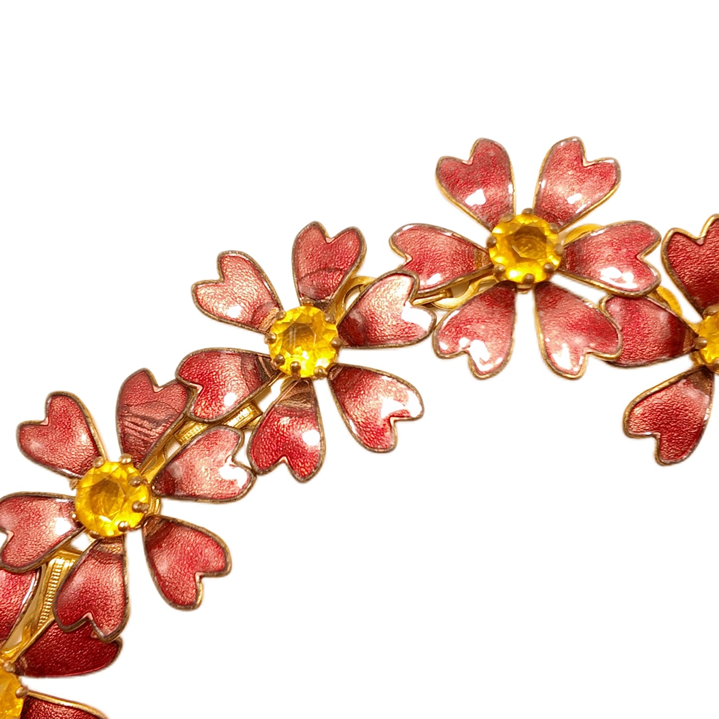 Vintage British 70s Pink Enamel Bracelet with Flower Set Diamond Three Dimensional Splicing Palace Vintage Style