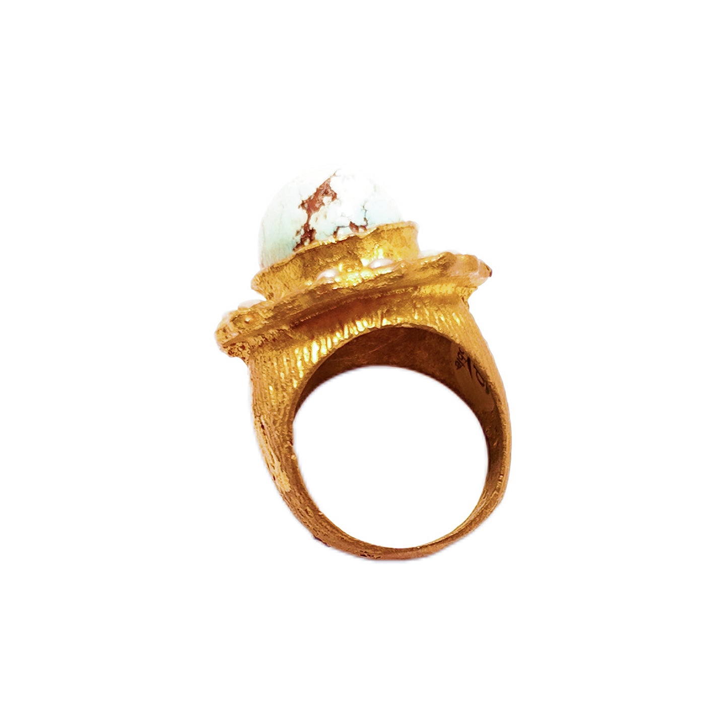 Vintage British 1960s natural turquoise brass ring Baroque pearl inlay court retro style