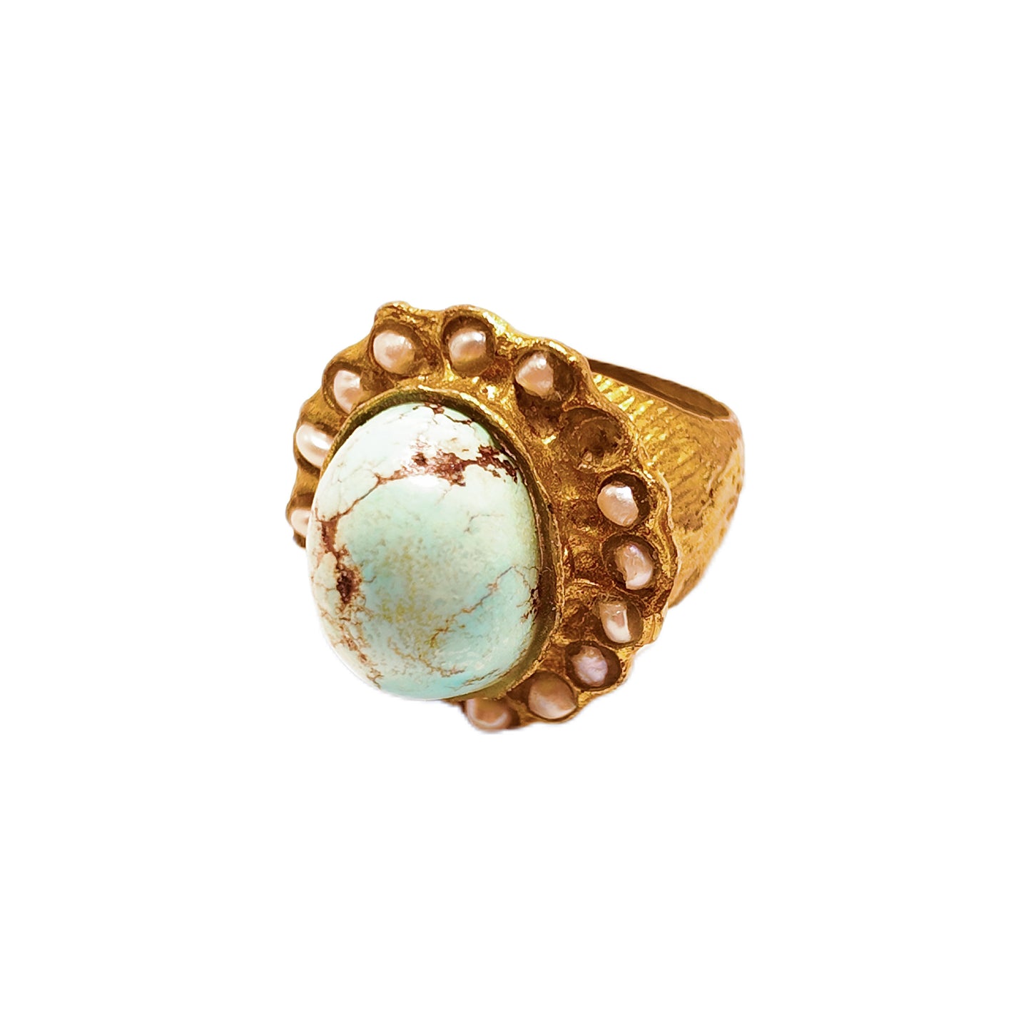 Vintage British 1960s natural turquoise brass ring Baroque pearl inlay court retro style