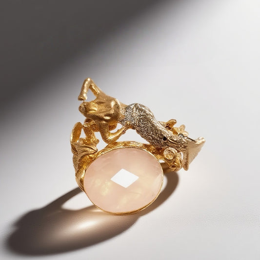 Vintage British 1960s Natural Stone Brass Ring Mermaid Flower Palace Vintage Style