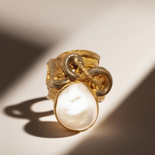 Vintage British 1960s Natural Baroque Pearl Brass Open Ring with Three Dimensional Serpentine Palace Vintage Style
