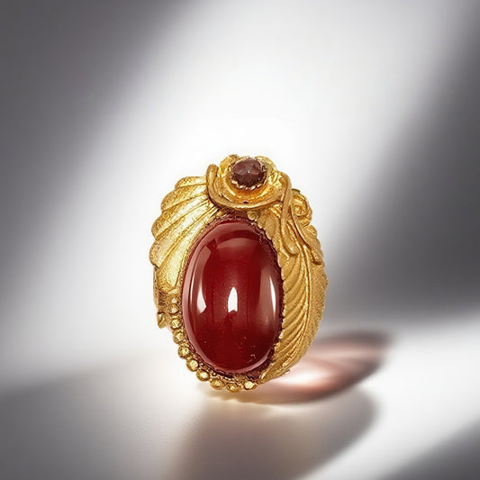 Vintage British 1960s Red Agate Brass Ring with Three Dimensional Pattern Palace Vintage Style