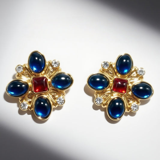 Vintage cross ear clip KAMELIYA marking blue red glazed with diamonds palace retro style