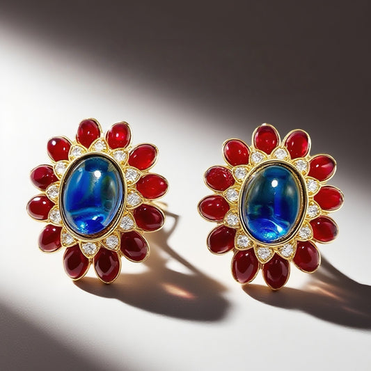 Vintage sunflower shaped ear clip CINER marking red blue glazed with diamonds court retro style