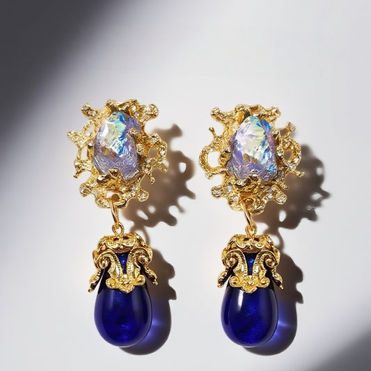 Gavilane the King of Retro Blue Chapalli Glass Water Drop Shoulder Sweep Eardrops Ear Clip Palace Retro