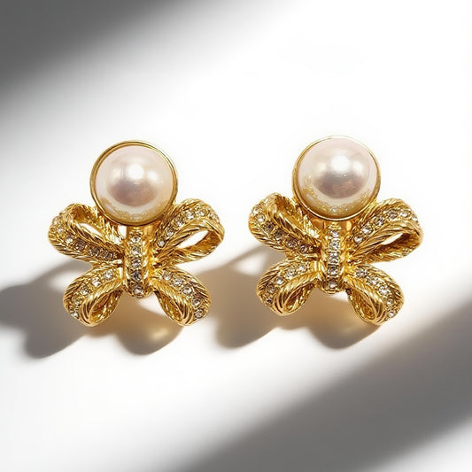 Vintage bow imitation pearl earrings gorgeous palace retro style