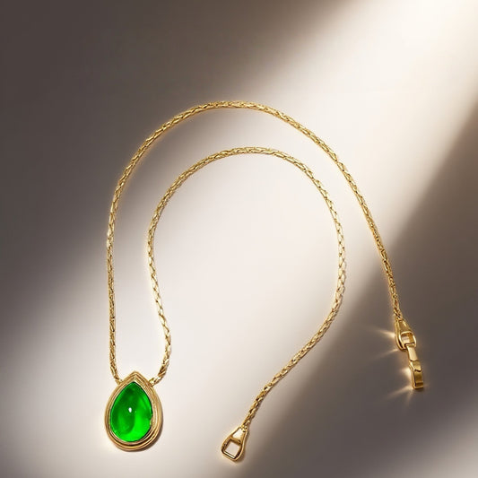 Vintage snake bone fine necklace with green cloud patterned glass extension chain design court retro