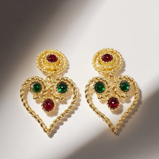 "Glass Heart Flame"Vintage red green glass  clip on earrings heart beatiful lady