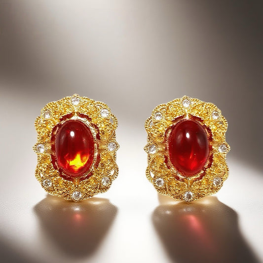 “Liu Fang Hong Zhang”Vintage WEST Label Earclip Red Glass Noble and Elegant Retro Palace Style
