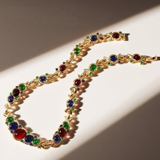 “Jin Li Yi Cai“Vintage tri color patchwork necklace red blue green glazed gorgeous noble elegant retro style