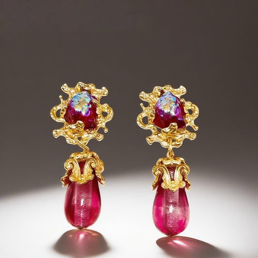 "Lava Flame Glass Emblem"Gavilane the King of Retro Red Chapalli Glass Water Drop Shoulder Sweep Eardrops Ear Clip Palace Retro