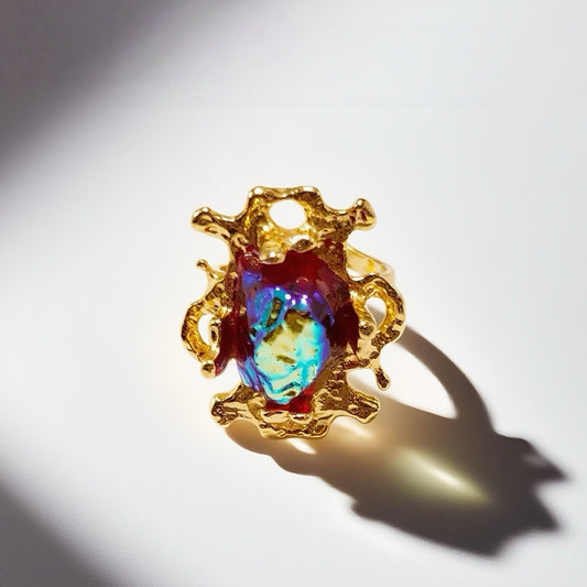 Liu Yan Hong Zhang” Gavilane the King of Retro Chapalli Red Glass Ring with Adjustable Ring Opening Gorgeous Palace Retro