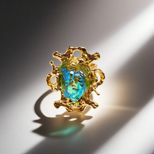 “ Liu Yan Lü Zhang”Gavilane the King of Retro Chapalli Green Glass Ring with Adjustable Ring Opening Gorgeous Palace Retro
