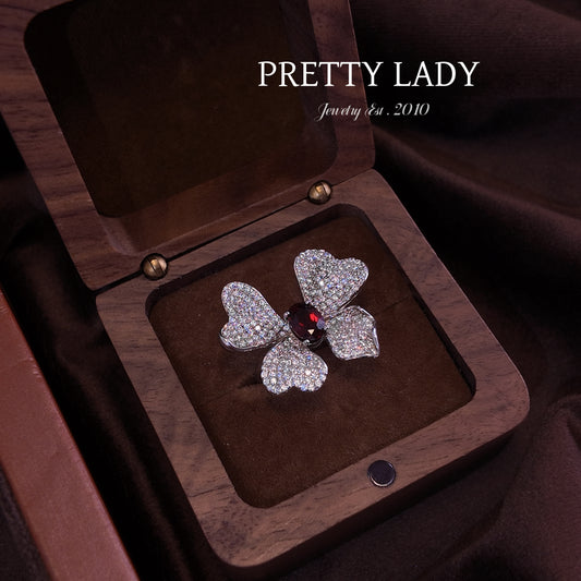 Natural Garnet Open Ring S925 Pure Silver Dark Red Three Dimensional Butterfly Inlaid Gemstone Palace Vintage