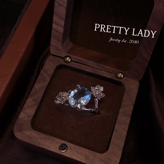 Natural Topaz Open Ring S925 Pure Silver Light Blue Oval Three Dimensional Lotus Surrounding the Palace Retro