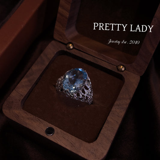 Natural Topaz Open Ring S925 Pure Silver Light Blue Elliptical Hollow out Diamond Set Edge Design  Palace Retro