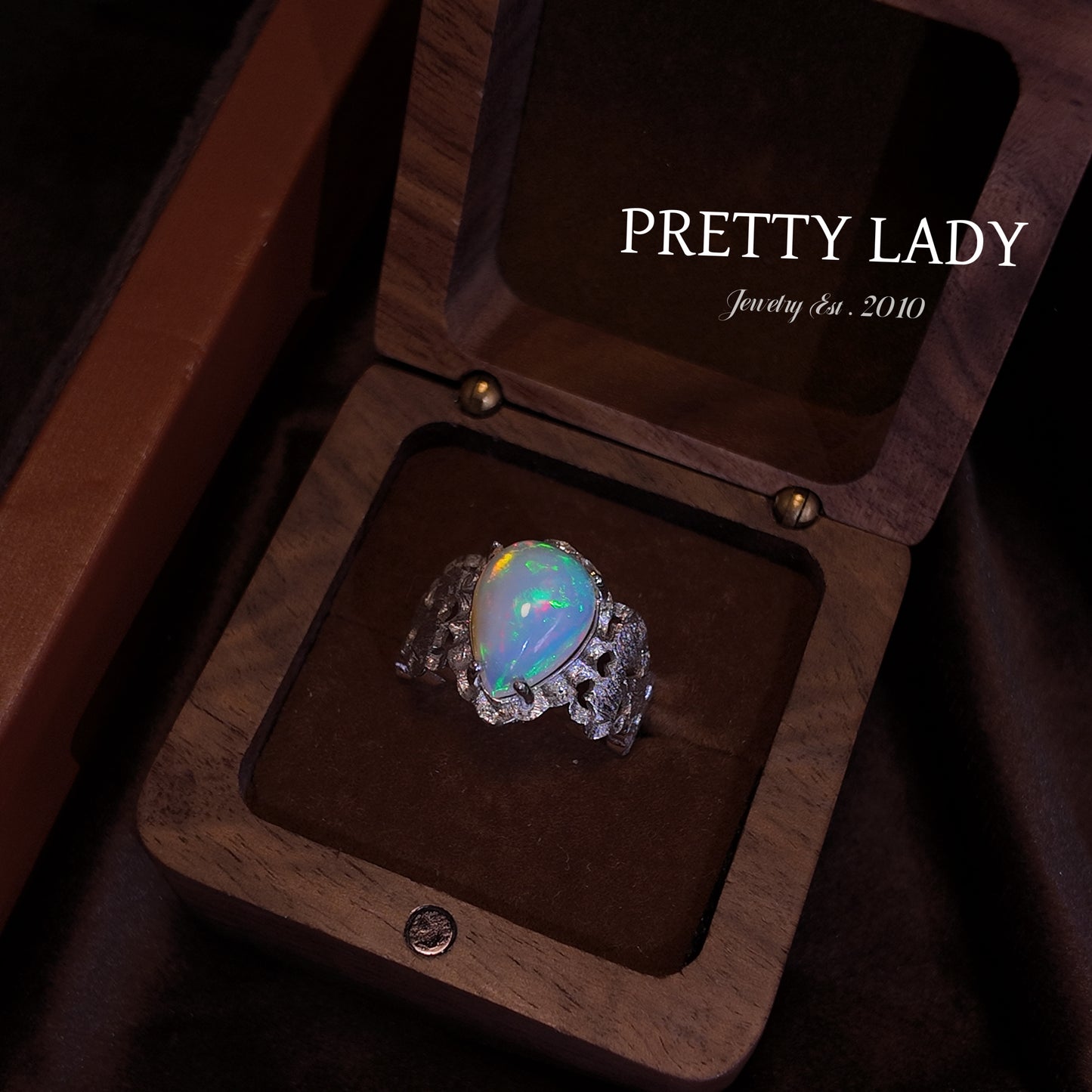 Natural Opal Stone Open Ring S925 Pure Silver Colorful Water Drop shaped Opal Hollow Edge Design Palace Retro