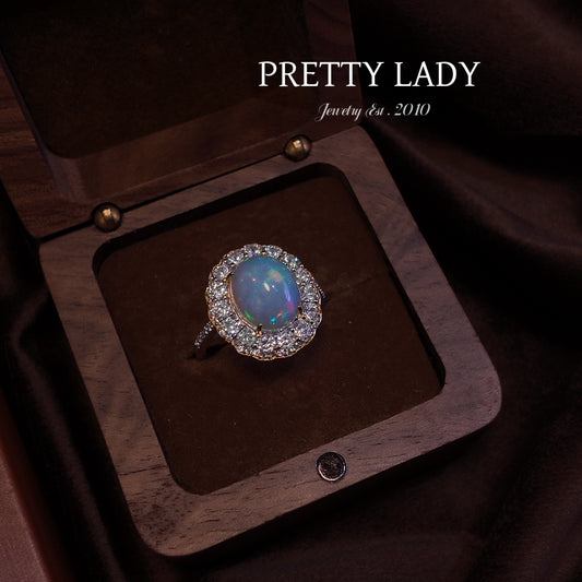 Natural Opal Stone Open Ring S925 Pure Silver Colorful Round Opal Round Lace Set with Diamond Palace Retro