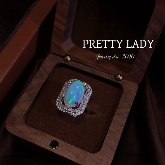 Natural Opal Stone Open Ring S925 Pure Silver Colorful Oval Opal Square Diamond Set Edge Design Palace Vintage