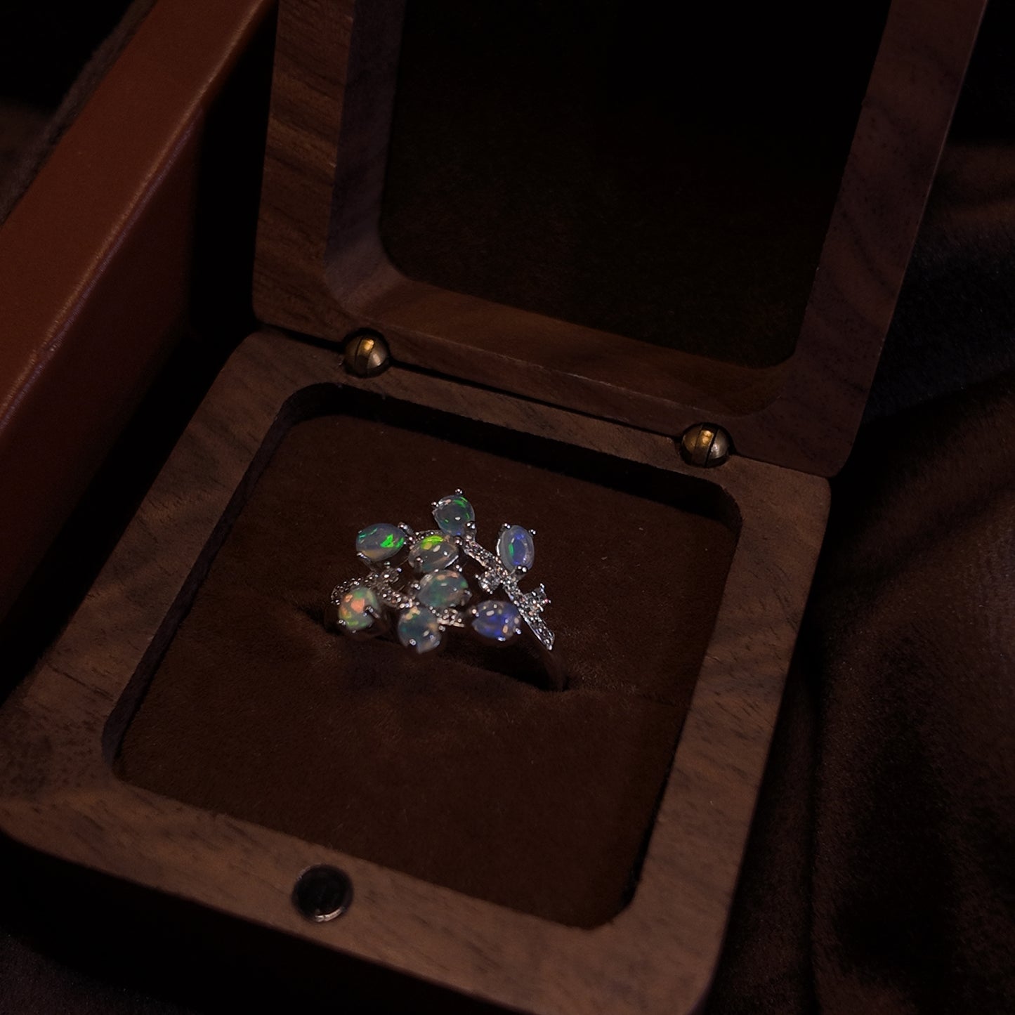 Natural Opal Stone Open Ring S925 Pure Silver Three Layer Multiple Stacked Leaves Layered Palace Vintage