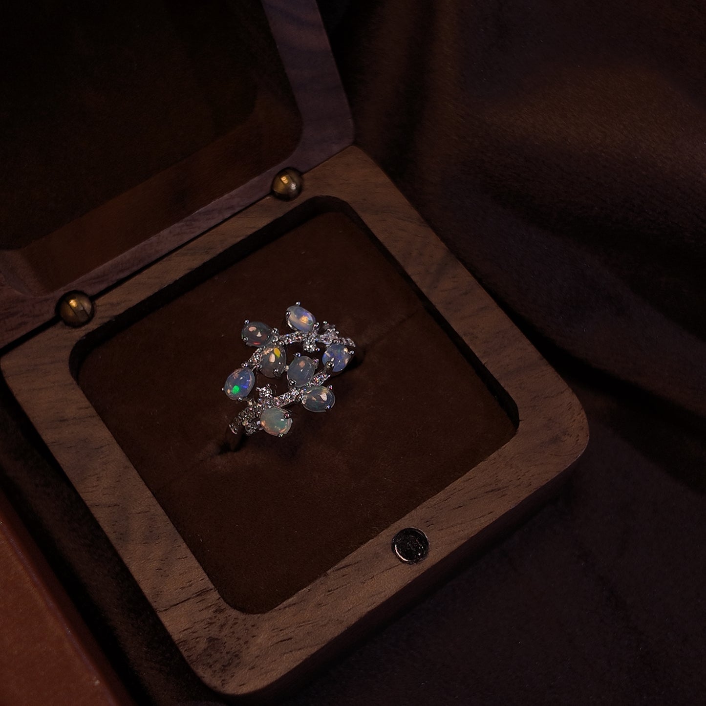 Natural Opal Stone Open Ring S925 Pure Silver Three Layer Multiple Stacked Leaves Layered Palace Vintage